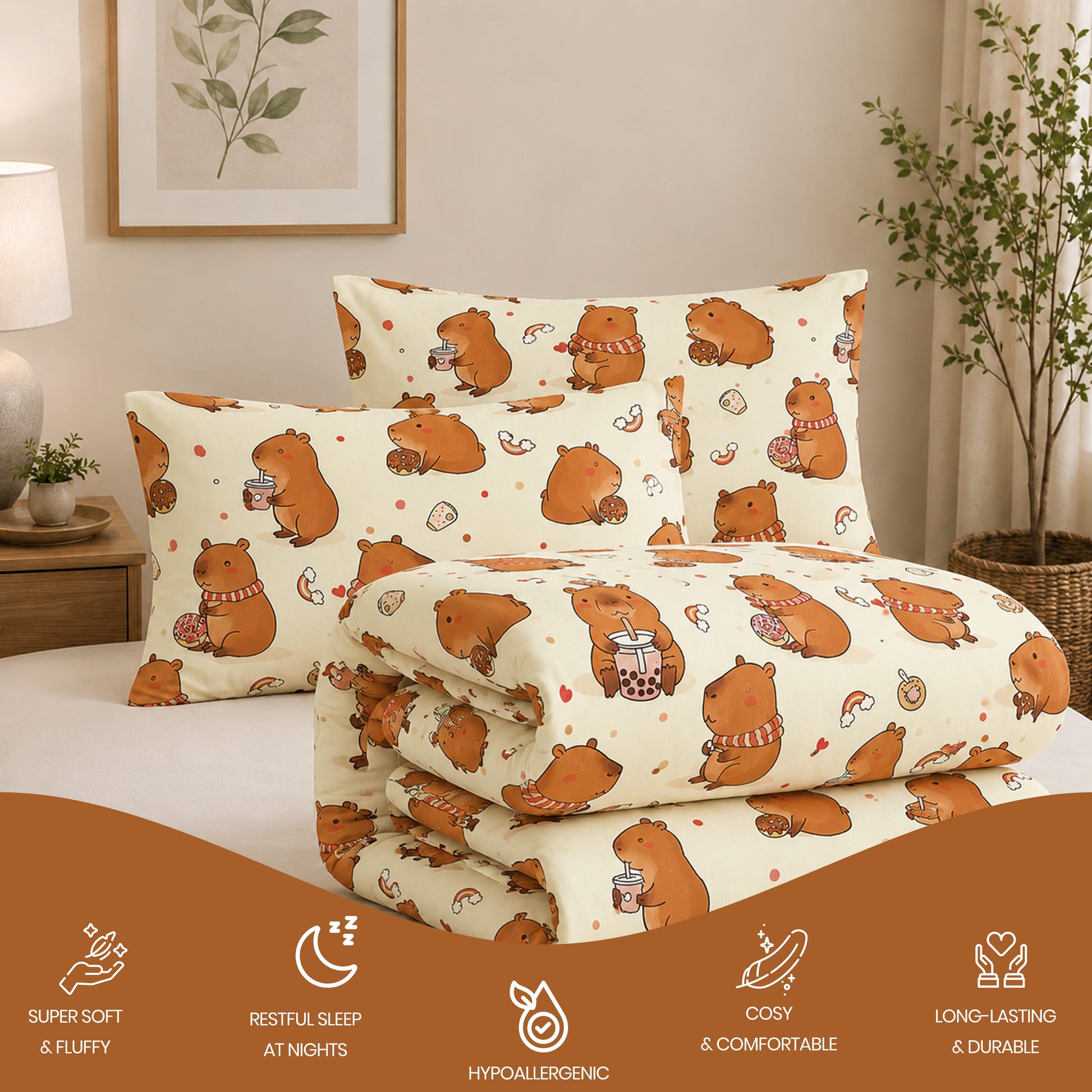 OLIVIA ROCCO Capybara Kids Duvet Cover Set Soft Microfibre Bedding with Pillowcase - GREY / DOUBLE