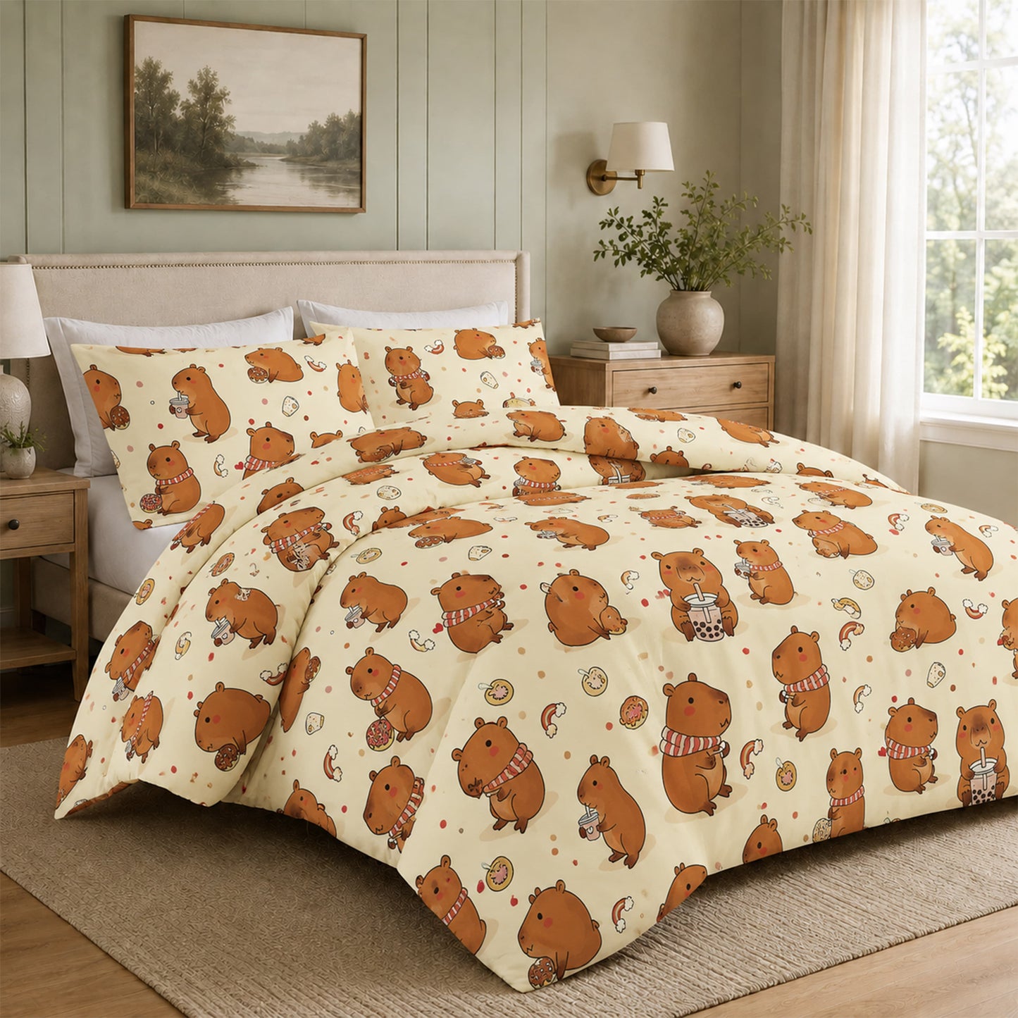 OLIVIA ROCCO Capybara Kids Duvet Cover Set Soft Microfibre Bedding with Pillowcase - GREY / SINGLE