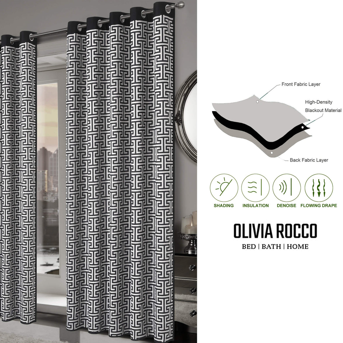 Milano Geometric Blackout Curtains Thermal Insulated Eyelet Pair Light-Blocking Window Drapes for Stylish Home Decor by OLIVIA ROCCO Curtain