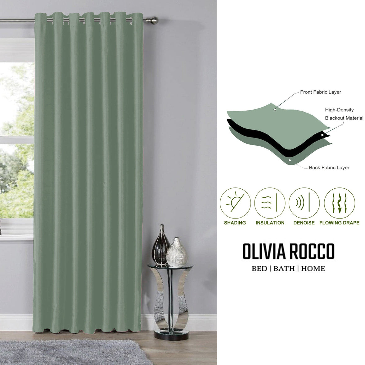 Blackout Sage Green Eyelet Curtains Thermal Ring Top Window Treatment for Living Room & Bedroom by OLIVIA ROCCO Curtain