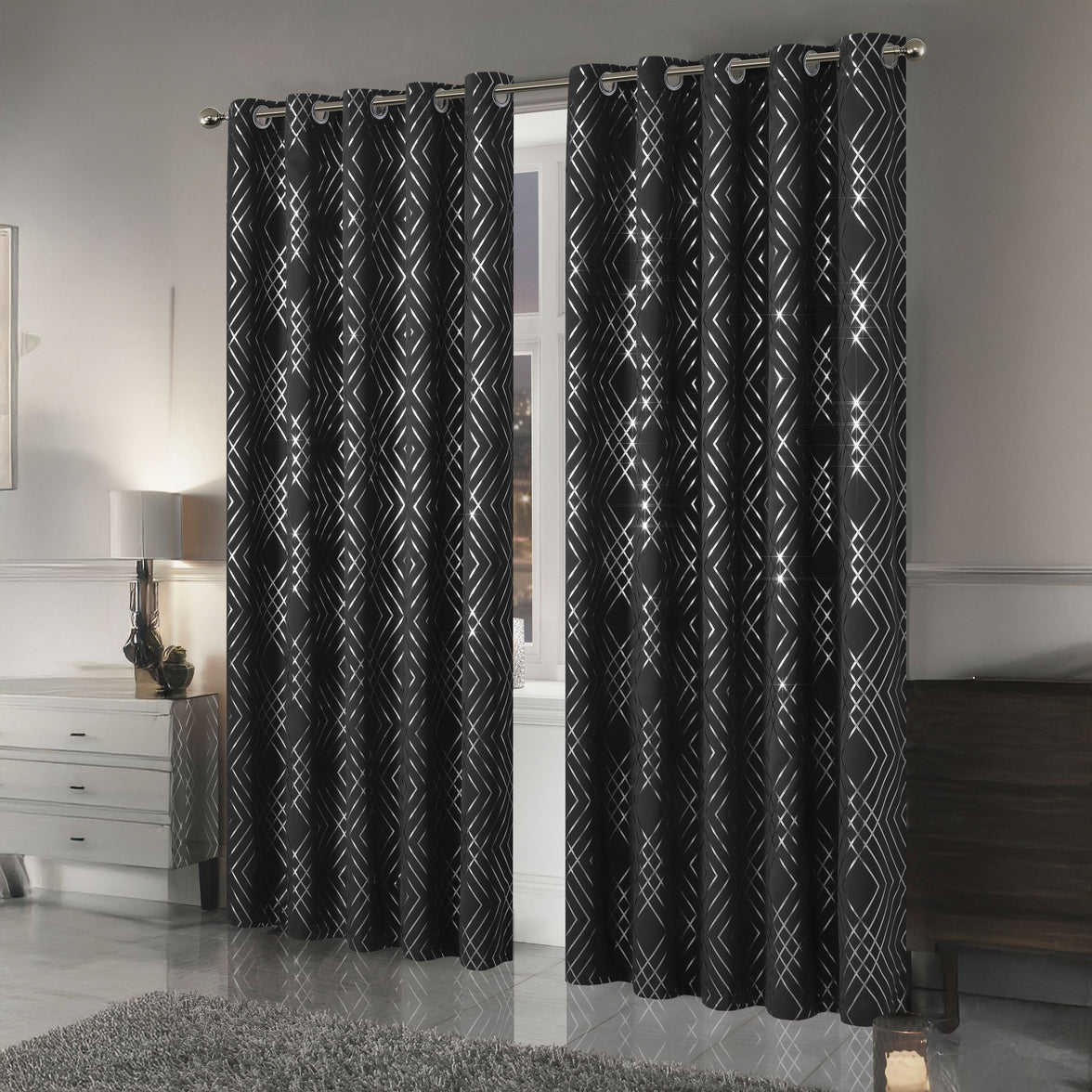 Geometric Black Sparkle Blackout Curtains Soft Thermal Insulated Eyelet Ring Top Living Room & Bedroom Drapes by OLIVIA ROCCO Curtain