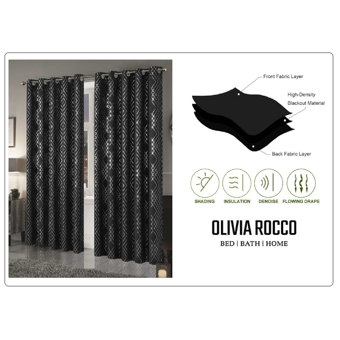 Geometric Black Sparkle Blackout Curtains Soft Thermal Insulated Eyelet Ring Top Living Room & Bedroom Drapes by OLIVIA ROCCO Curtain