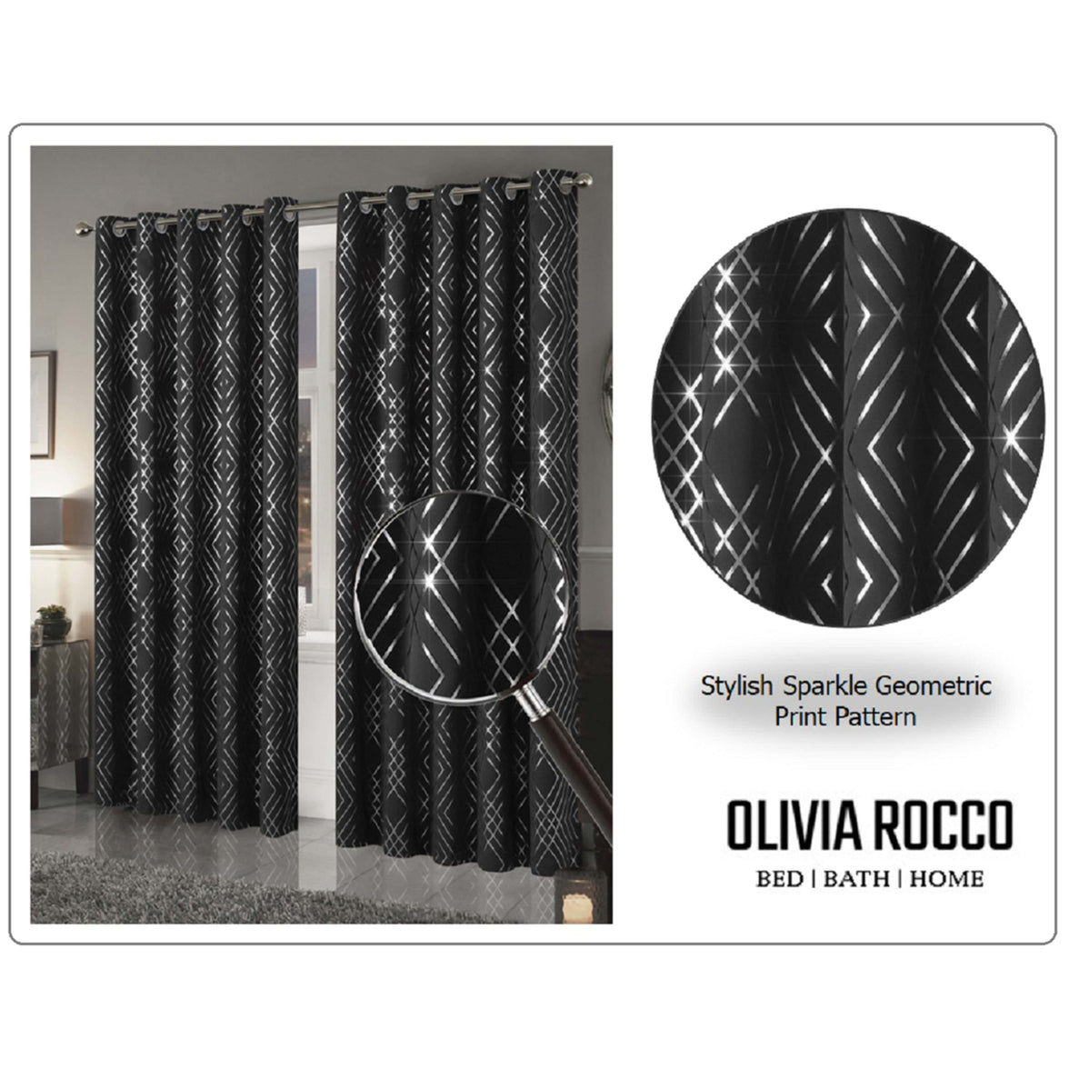 Geometric Black Sparkle Blackout Curtains Soft Thermal Insulated Eyelet Ring Top Living Room & Bedroom Drapes by OLIVIA ROCCO Curtain