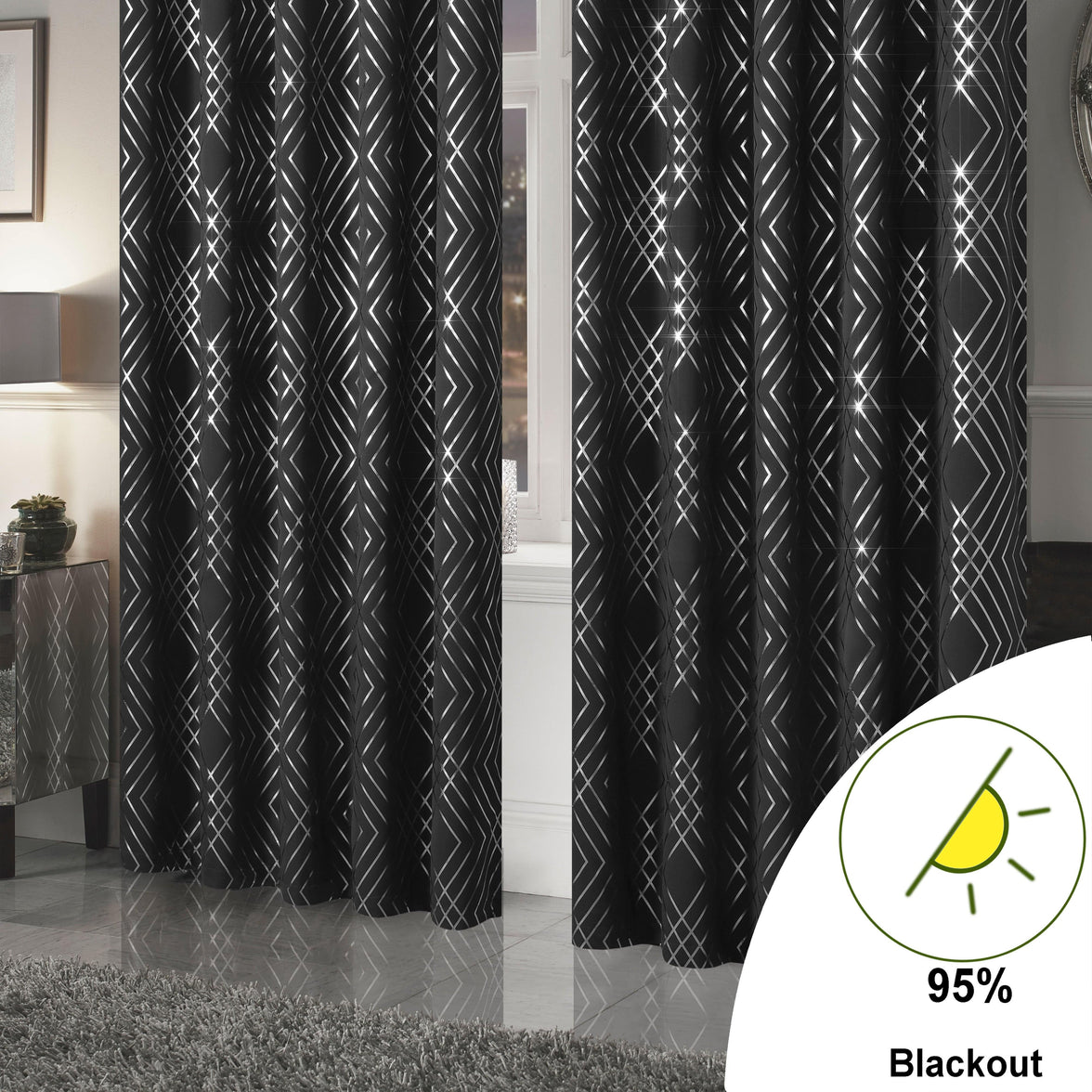 Geometric Black Sparkle Blackout Curtains Soft Thermal Insulated Eyelet Ring Top Living Room & Bedroom Drapes by OLIVIA ROCCO Curtain