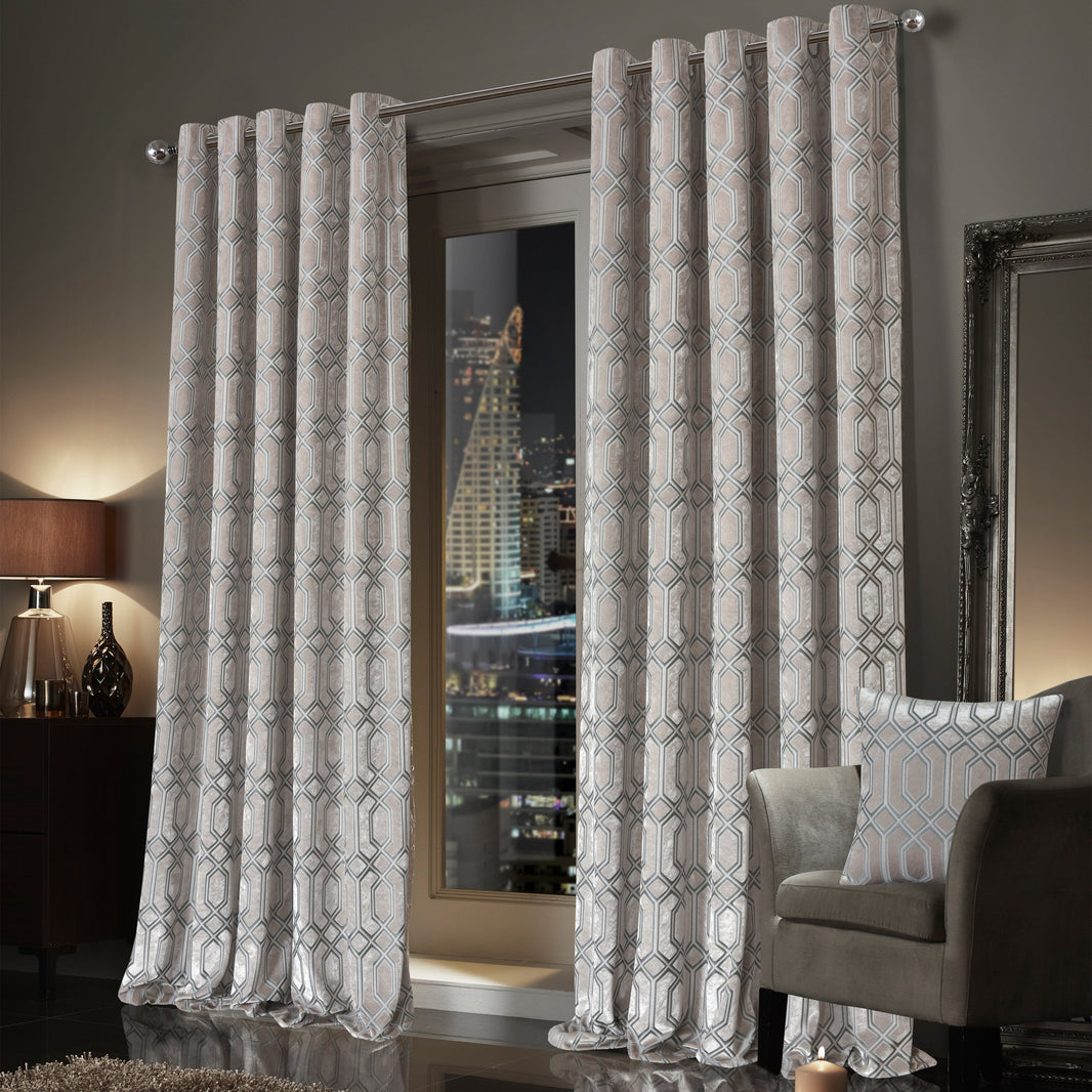 Luxe Geo Velvet Eyelet Curtains Champagne Thermal Insulated Soundproof Light Blocking Drapes for Bedroom & Lounge by OLIVIA ROCCO Curtain