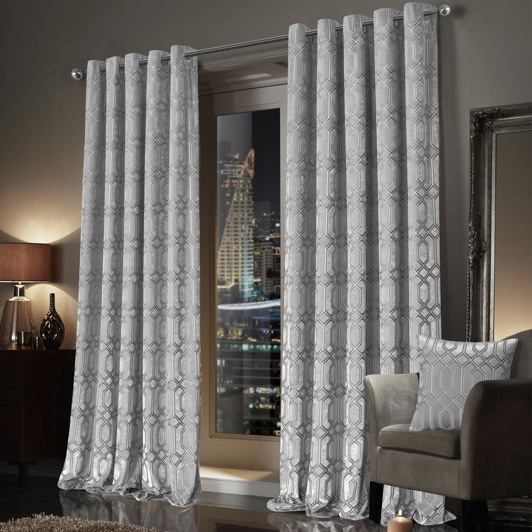 Luxe Geo Velvet Eyelet Curtains Grey Thermal Insulated Soundproof Light Blocking Drapes for Bedroom & Lounge by OLIVIA ROCCO Curtain