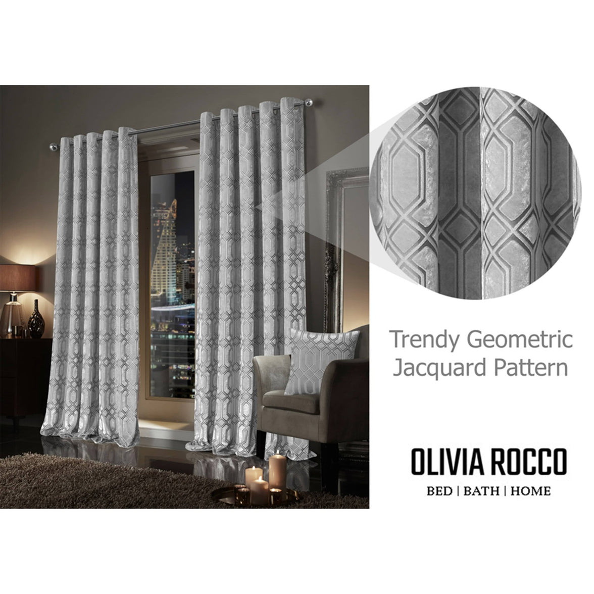 Luxe Geo Velvet Eyelet Curtains Grey Thermal Insulated Soundproof Light Blocking Drapes for Bedroom & Lounge by OLIVIA ROCCO Curtain
