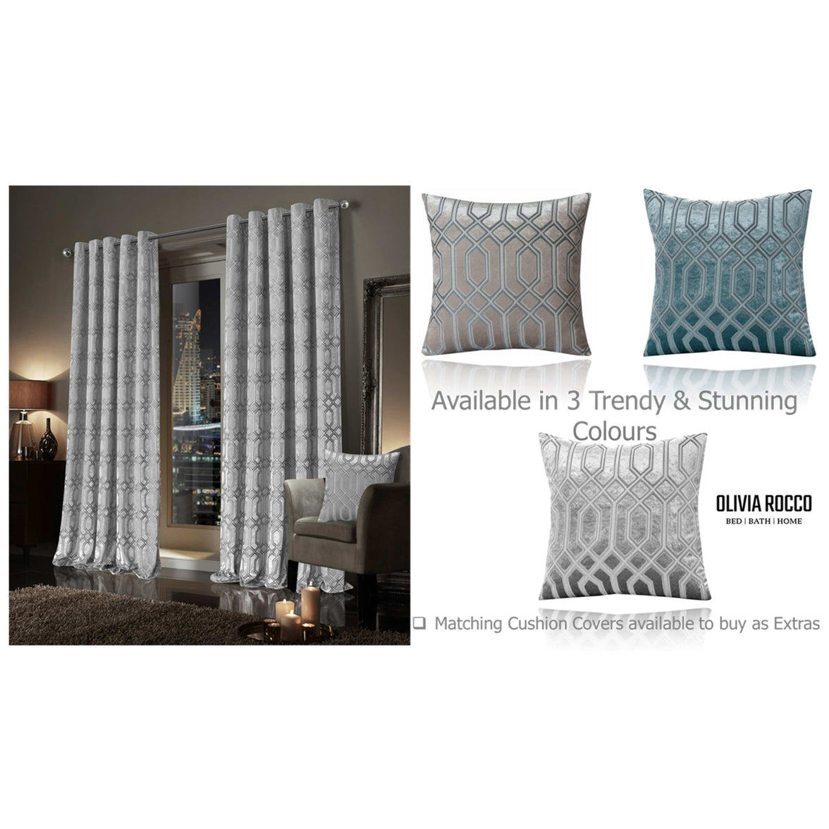 Luxe Geo Velvet Eyelet Curtains Grey Thermal Insulated Soundproof Light Blocking Drapes for Bedroom & Lounge by OLIVIA ROCCO Curtain