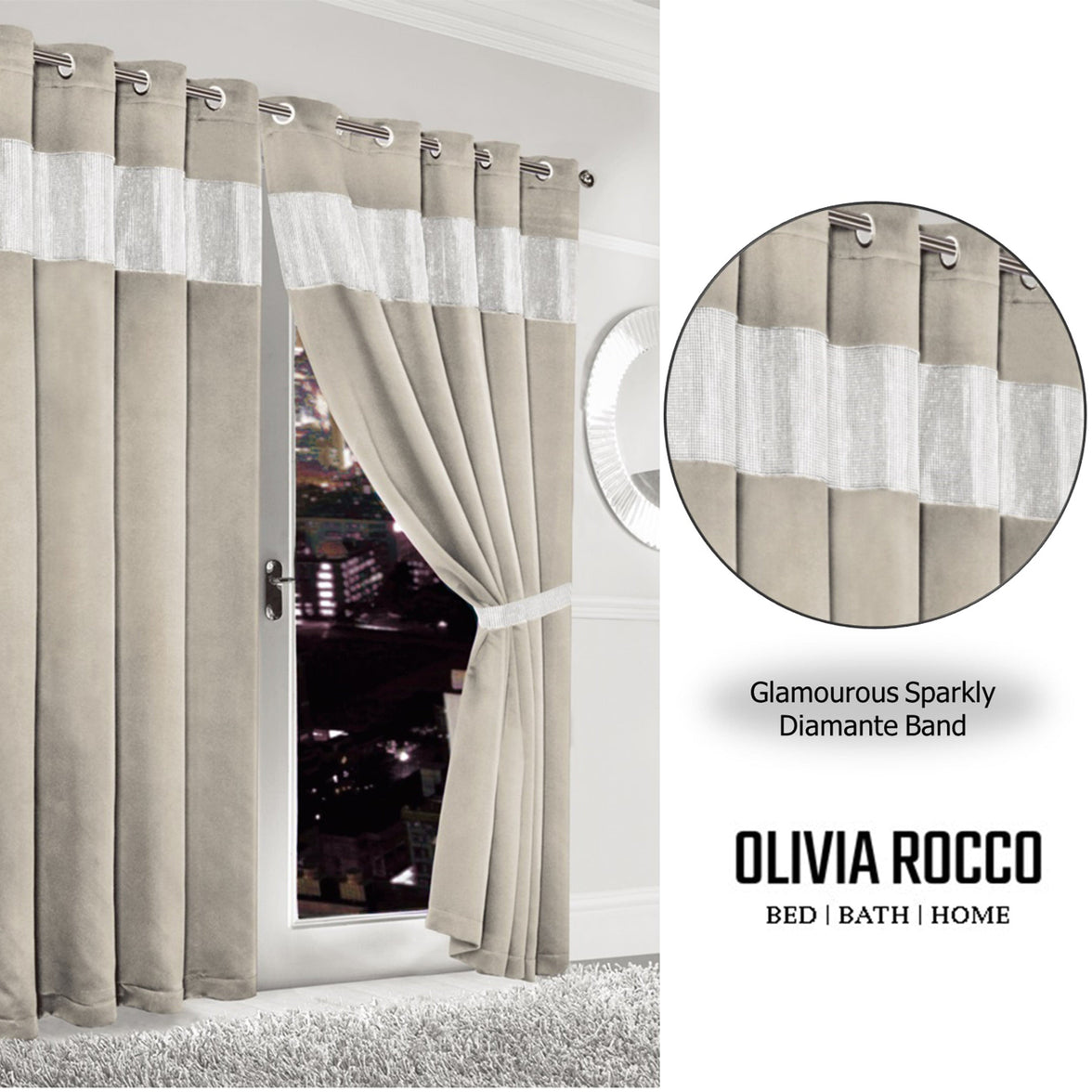 Diamante Natural Blackout Eyelet Curtains with Tie Backs Thermal Ring Top Window Dressings by OLIVIA ROCCO Curtain