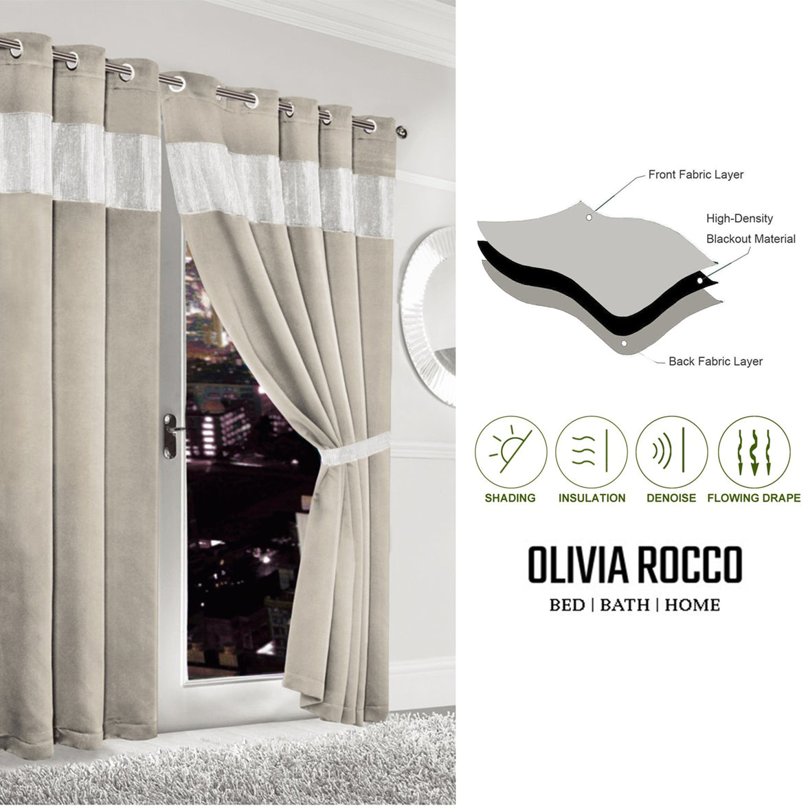 Diamante Natural Blackout Eyelet Curtains with Tie Backs Thermal Ring Top Window Dressings by OLIVIA ROCCO Curtain
