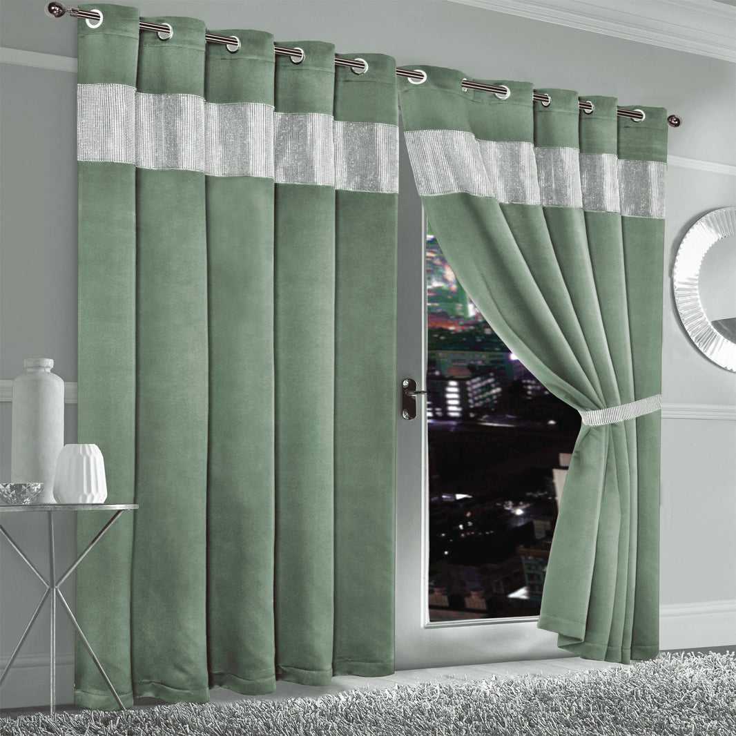 Diamante Sage Green Blackout Eyelet Curtains with Tie Backs Blackout Thermal Ring Top Window Dressings by OLIVIA ROCCO Curtain