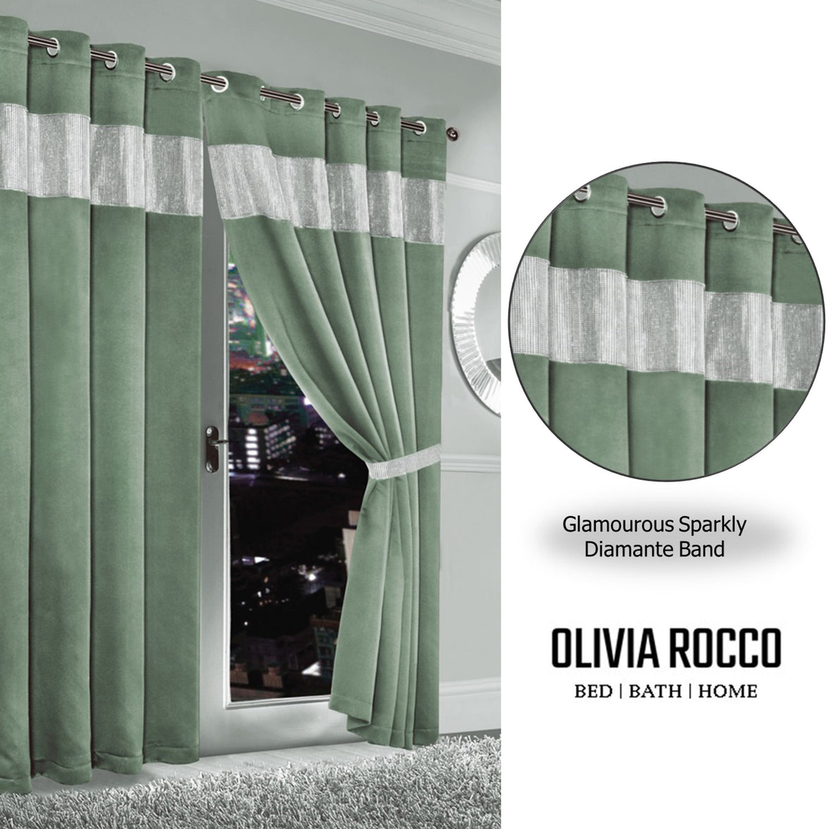 Diamante Sage Green Blackout Eyelet Curtains with Tie Backs Blackout Thermal Ring Top Window Dressings by OLIVIA ROCCO Curtain