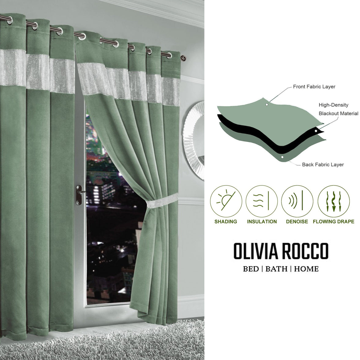 Diamante Sage Green Blackout Eyelet Curtains with Tie Backs Blackout Thermal Ring Top Window Dressings by OLIVIA ROCCO Curtain