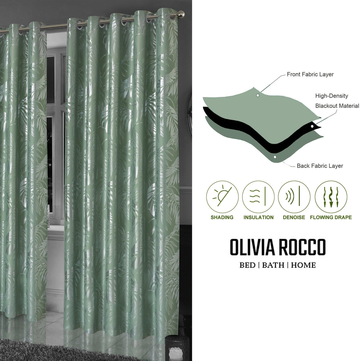 Leaf Sage Green Sparkle Blackout Curtains Super Soft Thermal Insulated Eyelet Drapes for Living Room & Bedroom 2 Panels by OLIVIA ROCCO Curtain