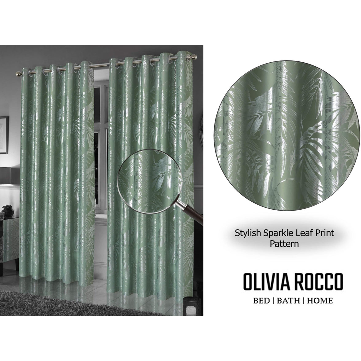 Leaf Sage Green Sparkle Blackout Curtains Super Soft Thermal Insulated Eyelet Drapes for Living Room & Bedroom 2 Panels by OLIVIA ROCCO Curtain