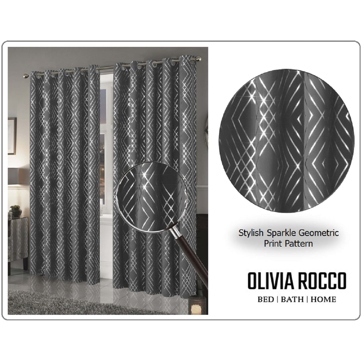 Geometric Silver Sparkle Blackout Curtains Soft Thermal Insulated Eyelet Ring Top Living Room & Bedroom Drapes by OLIVIA ROCCO Curtain