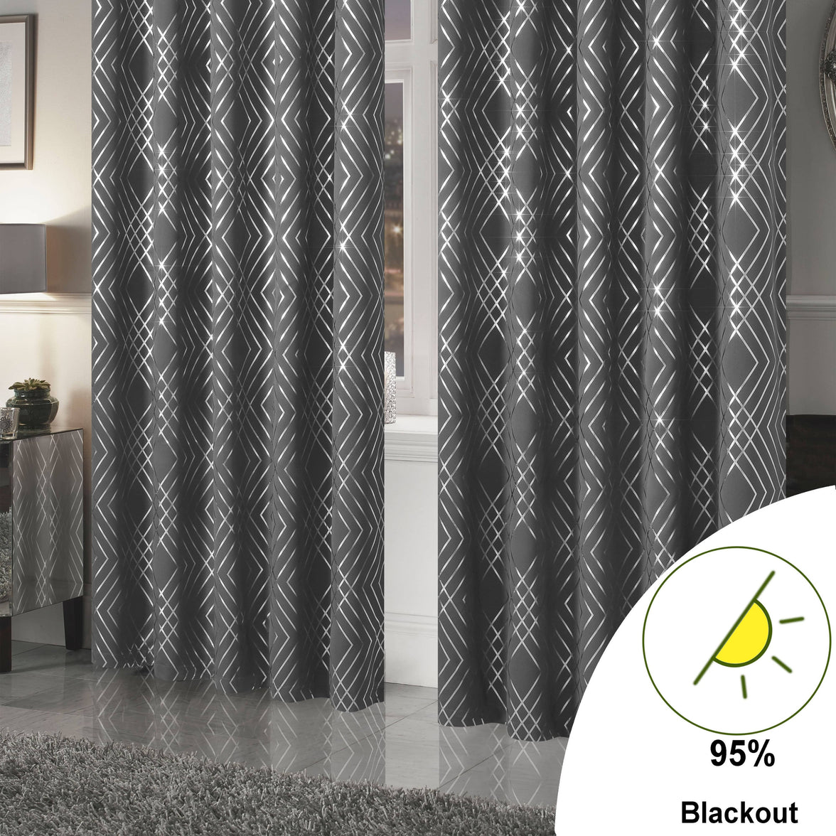 Geometric Silver Sparkle Blackout Curtains Soft Thermal Insulated Eyelet Ring Top Living Room & Bedroom Drapes by OLIVIA ROCCO Curtain