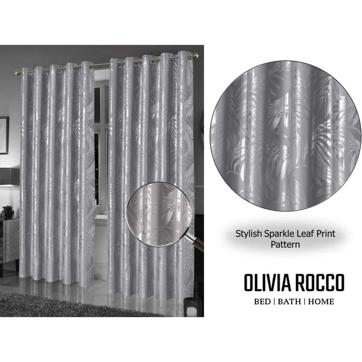 Leaf Silver Sparkle Blackout Curtains Super Soft Thermal Insulated Eyelet Drapes for Living Room & Bedroom 2 Panels by OLIVIA ROCCO Curtain