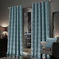 Luxe Geo Velvet Eyelet Curtains Teal Thermal Insulated Soundproof Light Blocking Drapes for Bedroom & Lounge by OLIVIA ROCCO Curtain