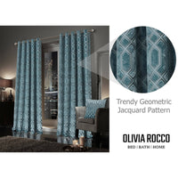 Luxe Geo Velvet Eyelet Curtains Teal Thermal Insulated Soundproof Light Blocking Drapes for Bedroom & Lounge by OLIVIA ROCCO Curtain