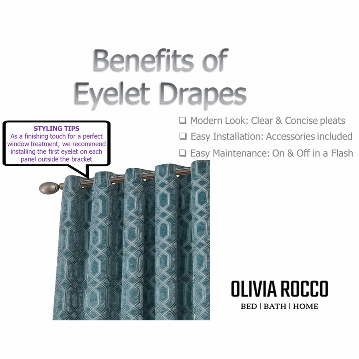 Luxe Geo Velvet Eyelet Curtains Teal Thermal Insulated Soundproof Light Blocking Drapes for Bedroom & Lounge by OLIVIA ROCCO Curtain