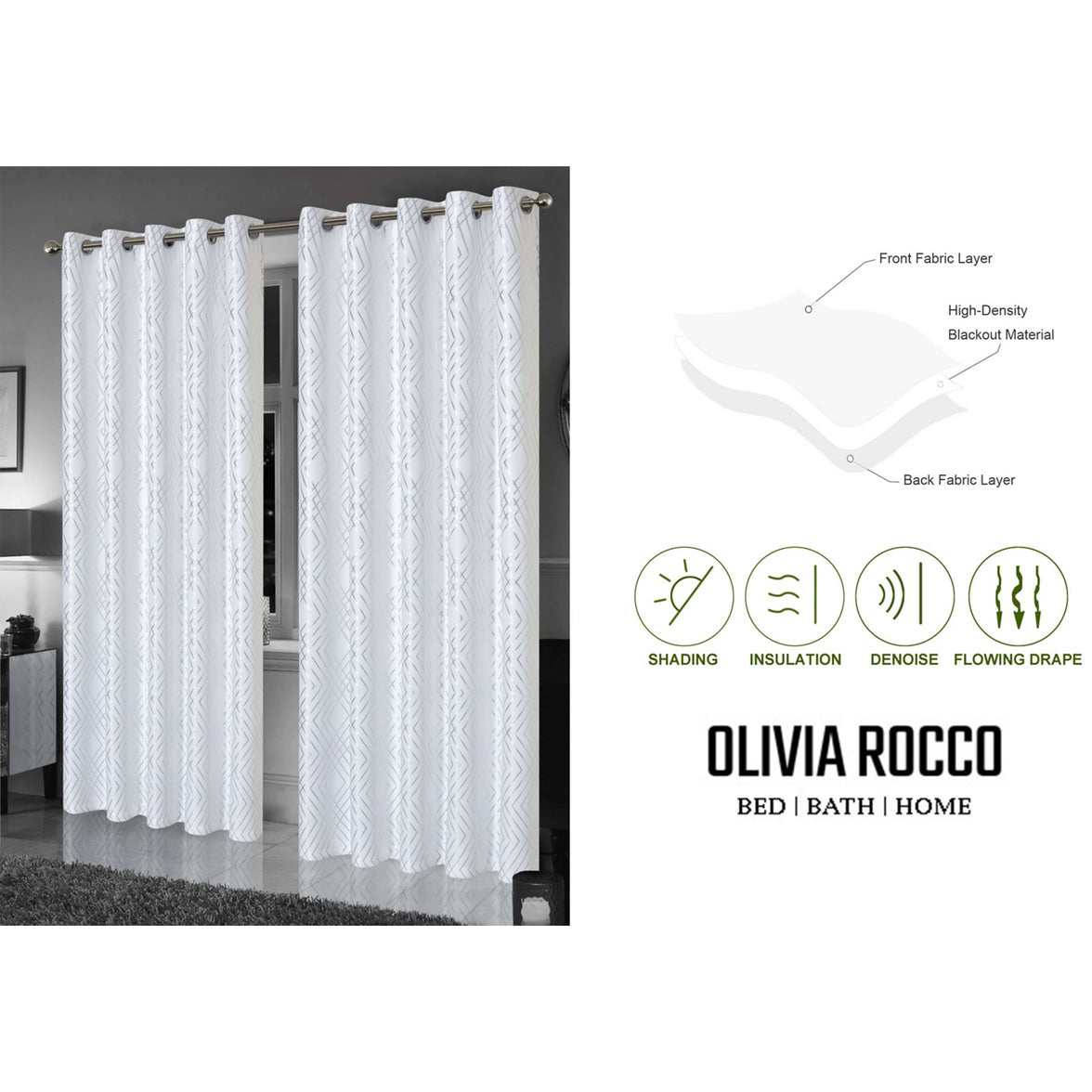 Geometric White Sparkle Blackout Curtains Soft Thermal Insulated Eyelet Ring Top Living Room & Bedroom Drapes by OLIVIA ROCCO Curtain