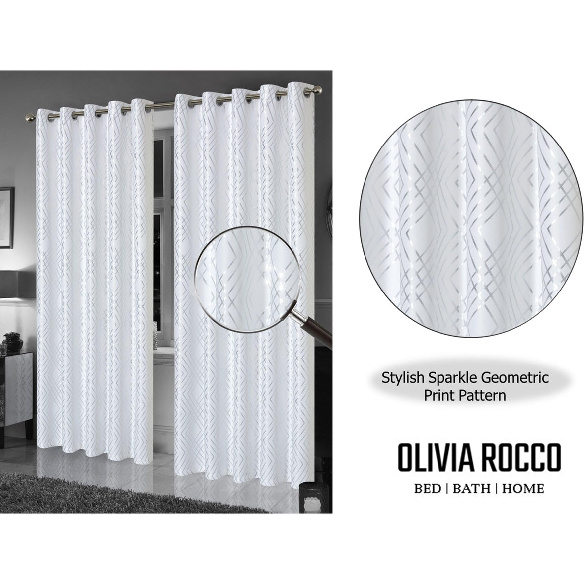 Geometric White Sparkle Blackout Curtains Soft Thermal Insulated Eyelet Ring Top Living Room & Bedroom Drapes by OLIVIA ROCCO Curtain
