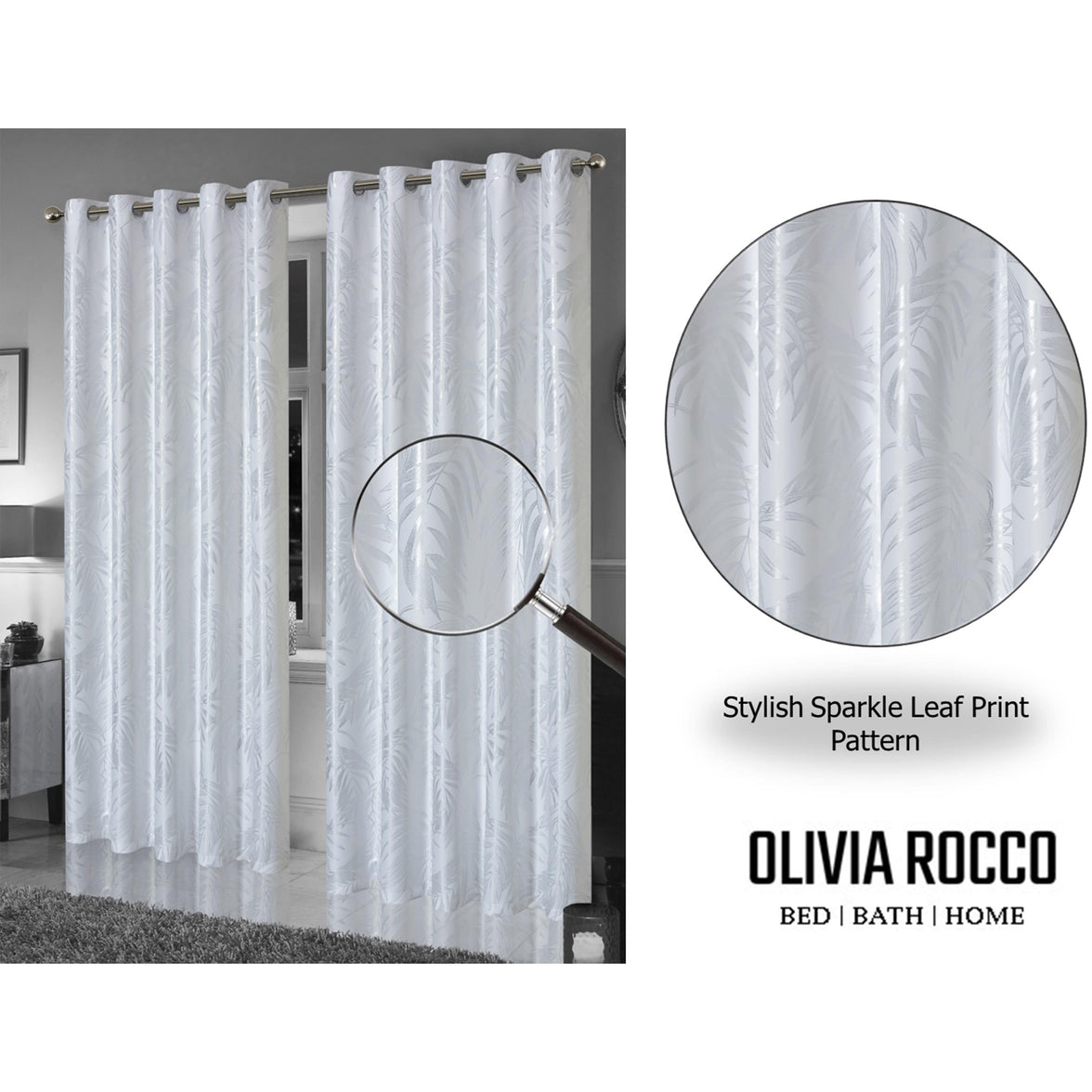 Leaf White Sparkle Blackout Curtains Super Soft Thermal Insulated Eyelet Drapes for Living Room & Bedroom 2 Panels by OLIVIA ROCCO Curtain