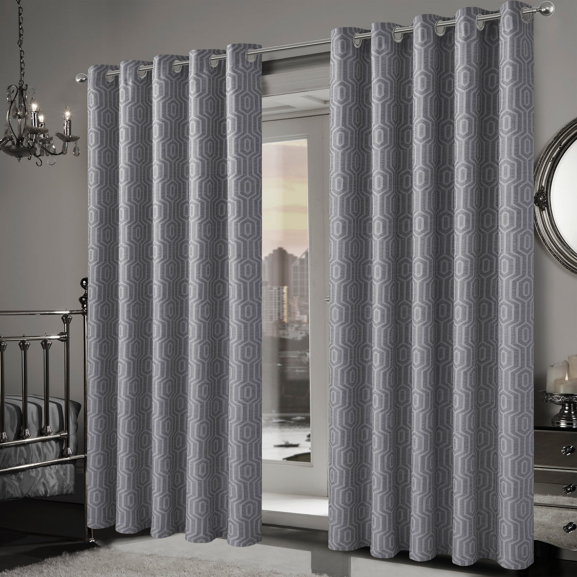 Paris Eyelet Jacquard Curtains Grey Geometric Pattern Thermal Insulated Light Blocking for Bedroom Lounge by OLIVIA ROCCO Curtain
