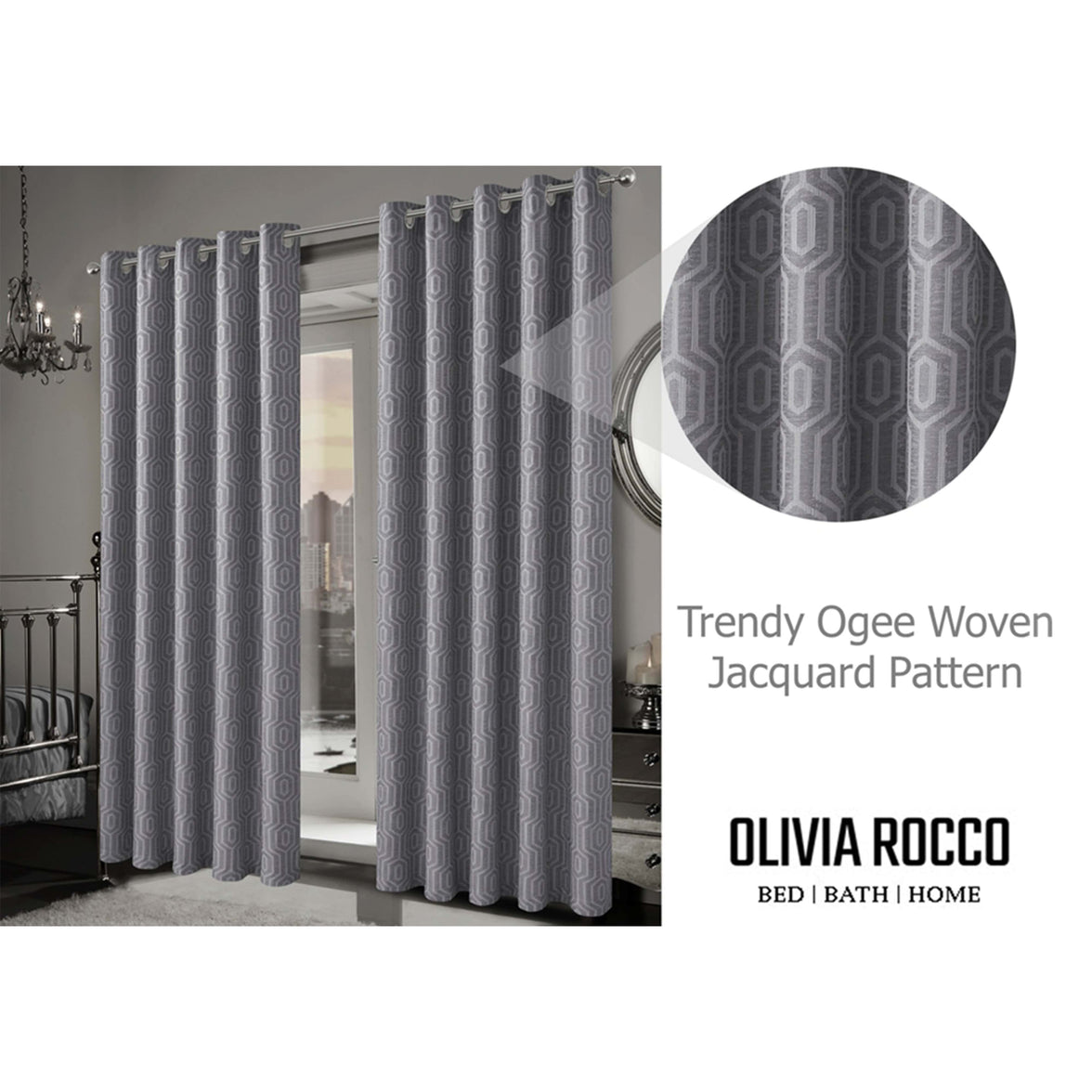 Paris Eyelet Jacquard Curtains Grey Geometric Pattern Thermal Insulated Light Blocking for Bedroom Lounge by OLIVIA ROCCO Curtain
