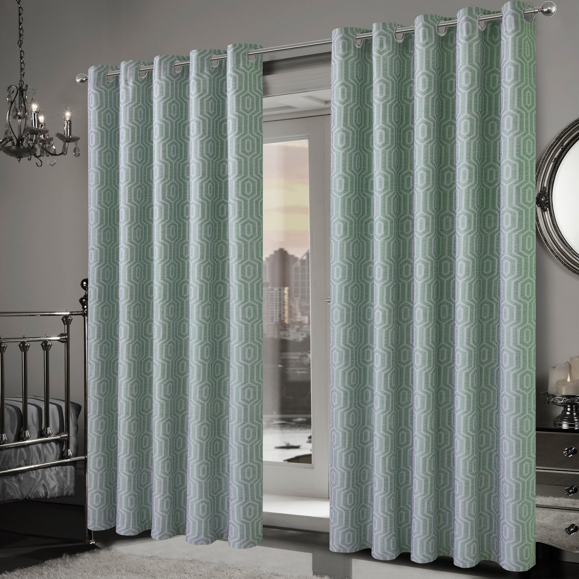 Paris Eyelet Jacquard Curtains Sage Green Geometric Pattern Thermal Insulated Light Blocking for Bedroom Lounge by OLIVIA ROCCO Curtain