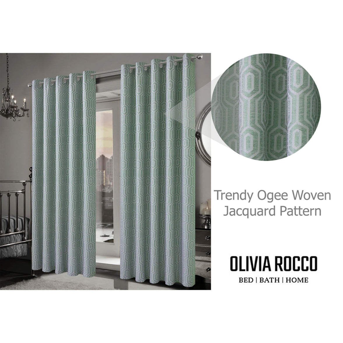 Paris Eyelet Jacquard Curtains Sage Green Geometric Pattern Thermal Insulated Light Blocking for Bedroom Lounge by OLIVIA ROCCO Curtain