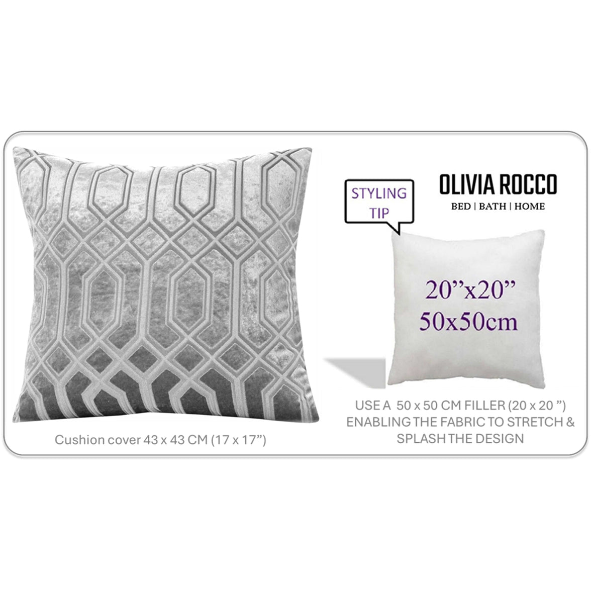 Luxe Geo Velvet Cushion Covers 2 Pack Grey Geometric Decorative Cushions for Sofa Bed & Living Room by OLIVIA ROCCO 43x43cm / GREY Cushions