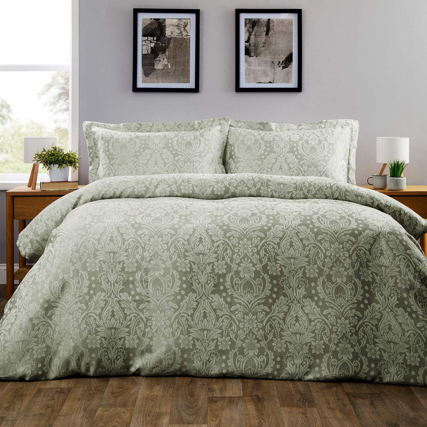 OLIVIA ROCCO Dorchester Jacqaurd Duvet Cover Set Quilted Bedding Covers with Pillowcases Luxurious Soft Durable Floral Pattern Quilt Bed Sets SAGE GREEN / SINGLE Duvet Cover