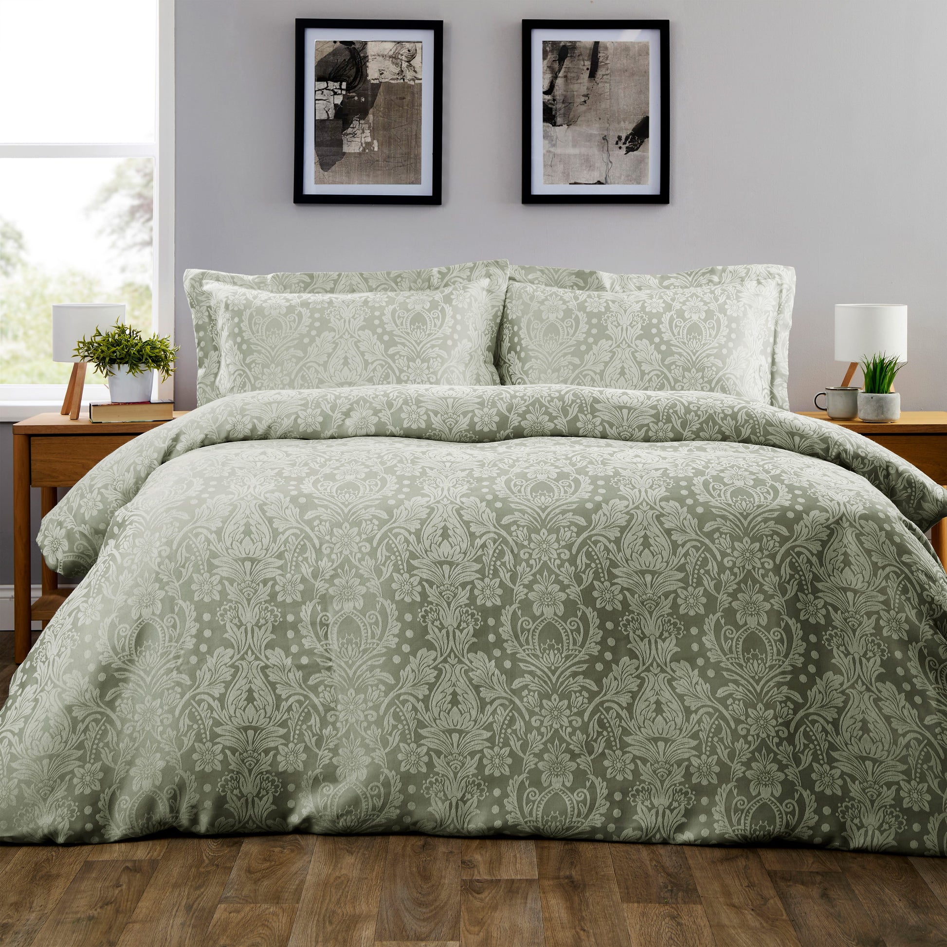 OLIVIA ROCCO Dorchester Jacqaurd Duvet Cover Set Quilted Bedding Covers with Pillowcases Luxurious Soft Durable Floral Pattern Quilt Bed Sets SAGE GREEN / SINGLE Duvet Cover
