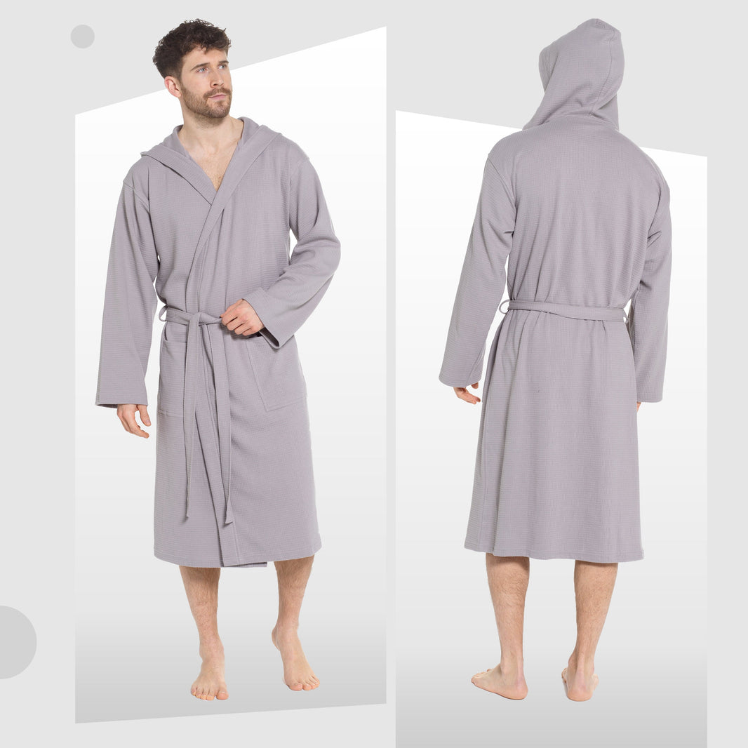 Men’s Hooded Waffle Cotton Bathrobe Grey Super Absorbent Spa Robe Luxury Dressing Gown for Home & Loungewear by OLIVIA ROCCO Bathrobe