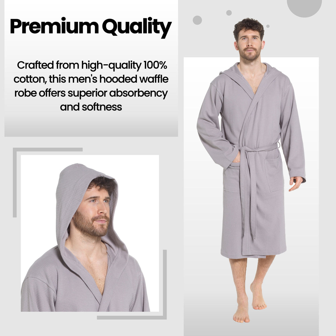 Men’s Hooded Waffle Cotton Bathrobe Grey Super Absorbent Spa Robe Luxury Dressing Gown for Home & Loungewear by OLIVIA ROCCO Bathrobe