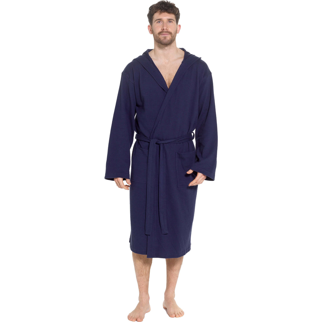 Men’s Hooded Waffle Cotton Bathrobe Navy Super Absorbent Spa Robe Luxury Dressing Gown for Home & Loungewear by OLIVIA ROCCO M/L / NAVY Bathrobe