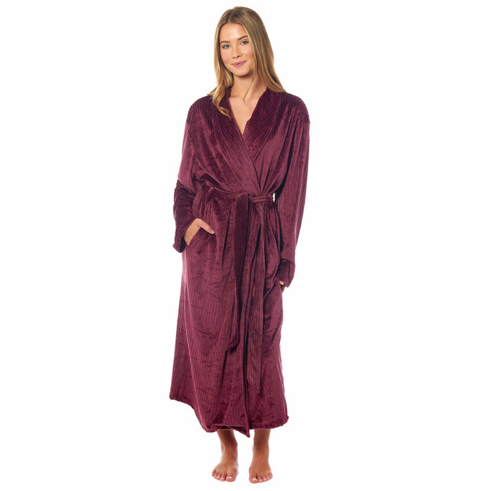 Women's Stripe Jacquard Soft Warm Long Dressing Gown with Belt and Pockets Cosy Shawl Collar Loungewear Robe By Daisy Dreamer SMALL | UK 8-10 / WINE Dressing Gown