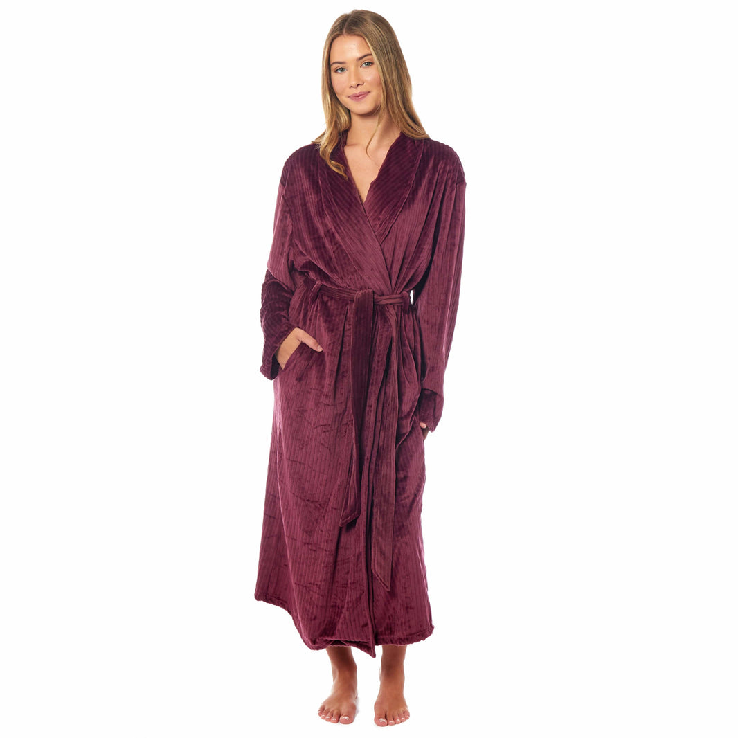 Women's Stripe Jacquard Soft Warm Long Dressing Gown with Belt and Pockets Cosy Shawl Collar Loungewear Robe By Daisy Dreamer SMALL | UK 8-10 / WINE Dressing Gown