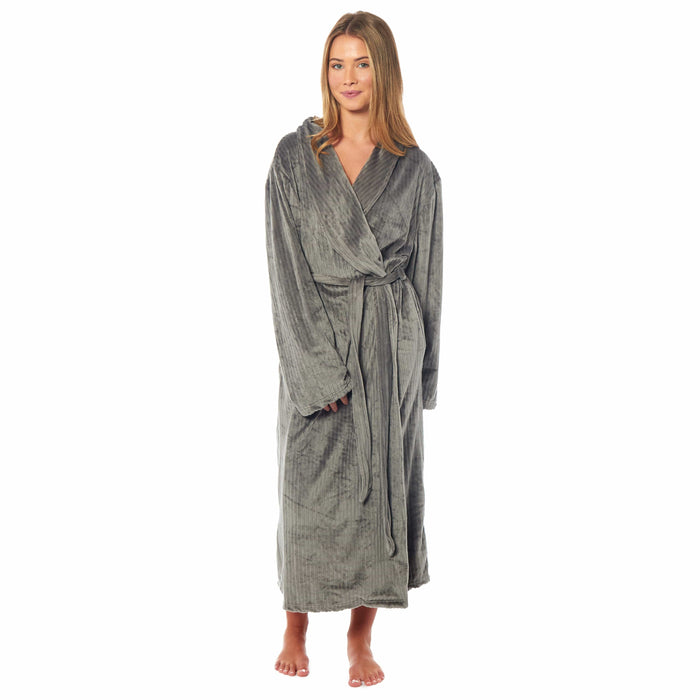 Women's Stripe Jacquard Soft Warm Long Dressing Gown with Belt and Pockets Cosy Shawl Collar Loungewear Robe By Daisy Dreamer SMALL | UK 8-10 / CHARCOAL Dressing Gown