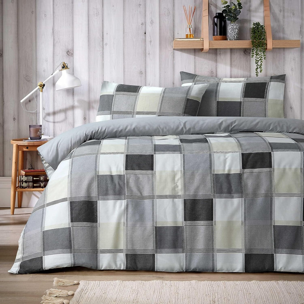 Glencoe Reversible Check Duvet Cover Set with Pillowcases Classic Polycotton Bedding Available in Single Double King Sizes by OLIVIA ROCCO GREY / SINGLE Duvet Cover