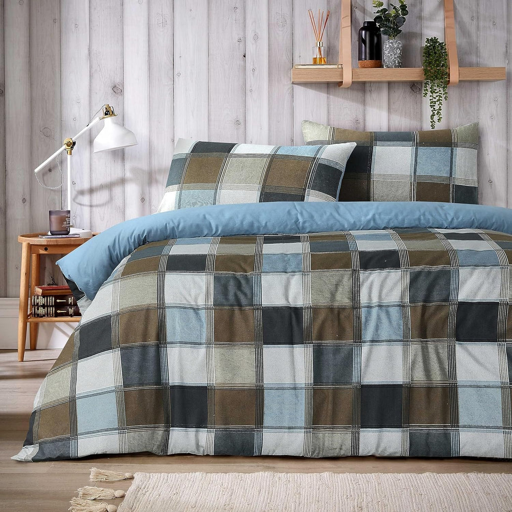 Glencoe Reversible Check Duvet Cover Set with Pillowcases Classic Polycotton Bedding Available in Single Double King Sizes by OLIVIA ROCCO NATURAL / SINGLE Duvet Cover