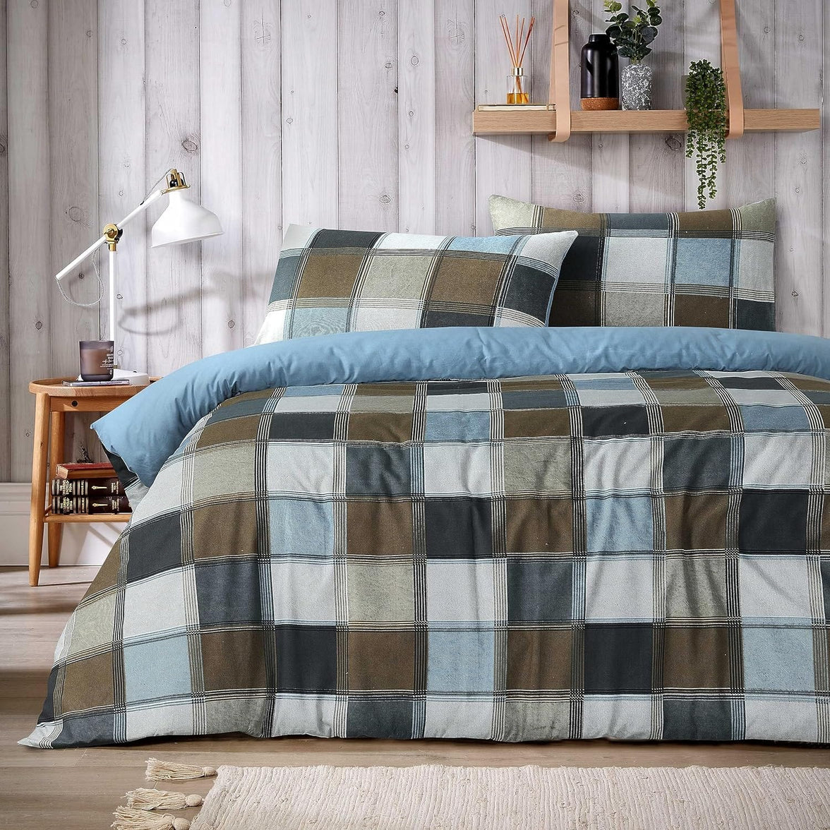 Glencoe Reversible Check Duvet Cover Set with Pillowcases Classic Polycotton Bedding Available in Single Double King Sizes by OLIVIA ROCCO NATURAL / SINGLE Duvet Cover