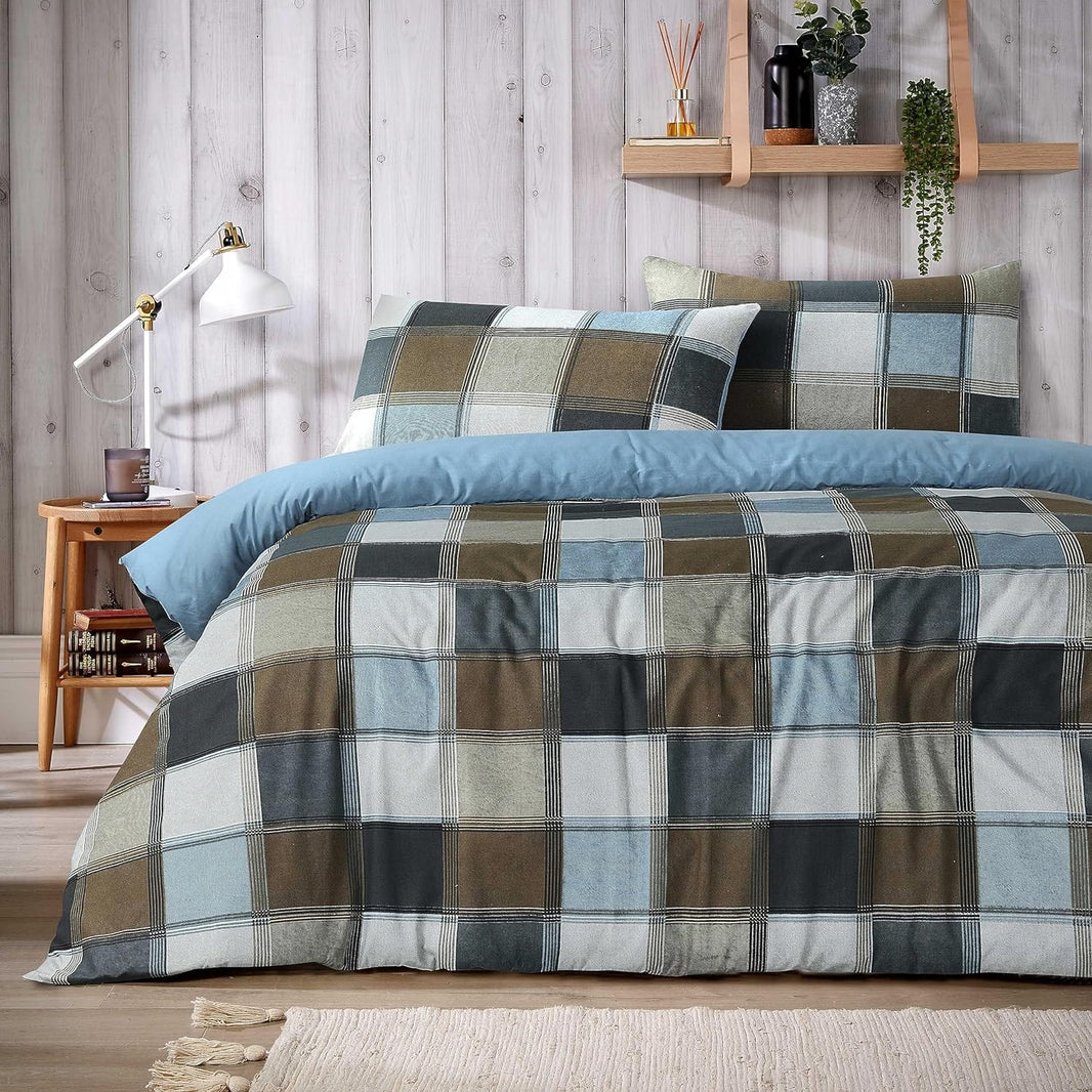 Glencoe Reversible Check Duvet Cover Set with Pillowcases Classic Polycotton Bedding Available in Single Double King Sizes by OLIVIA ROCCO NATURAL / SINGLE Duvet Cover