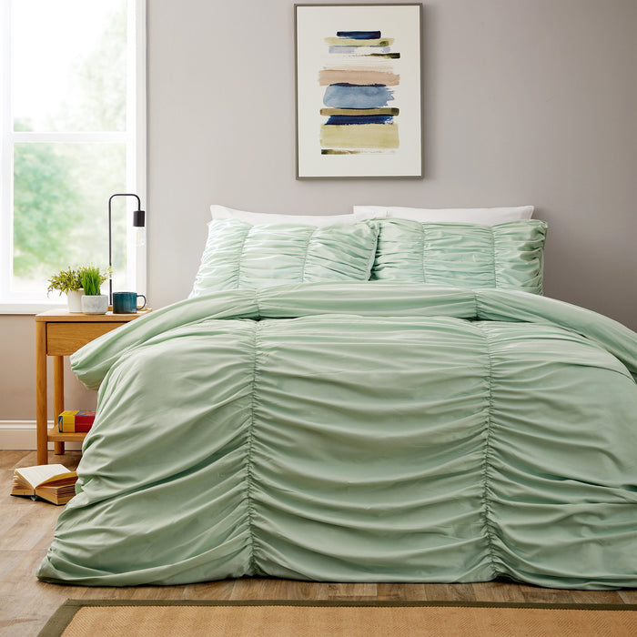 Ruched Sage Green Cotton Rich Duvet Cover Set with Pillowcases Ruffle Bedding Super Soft Easy Care Quilt Bed Linen by OLIVIA ROCCO SINGLE Duvet Cover