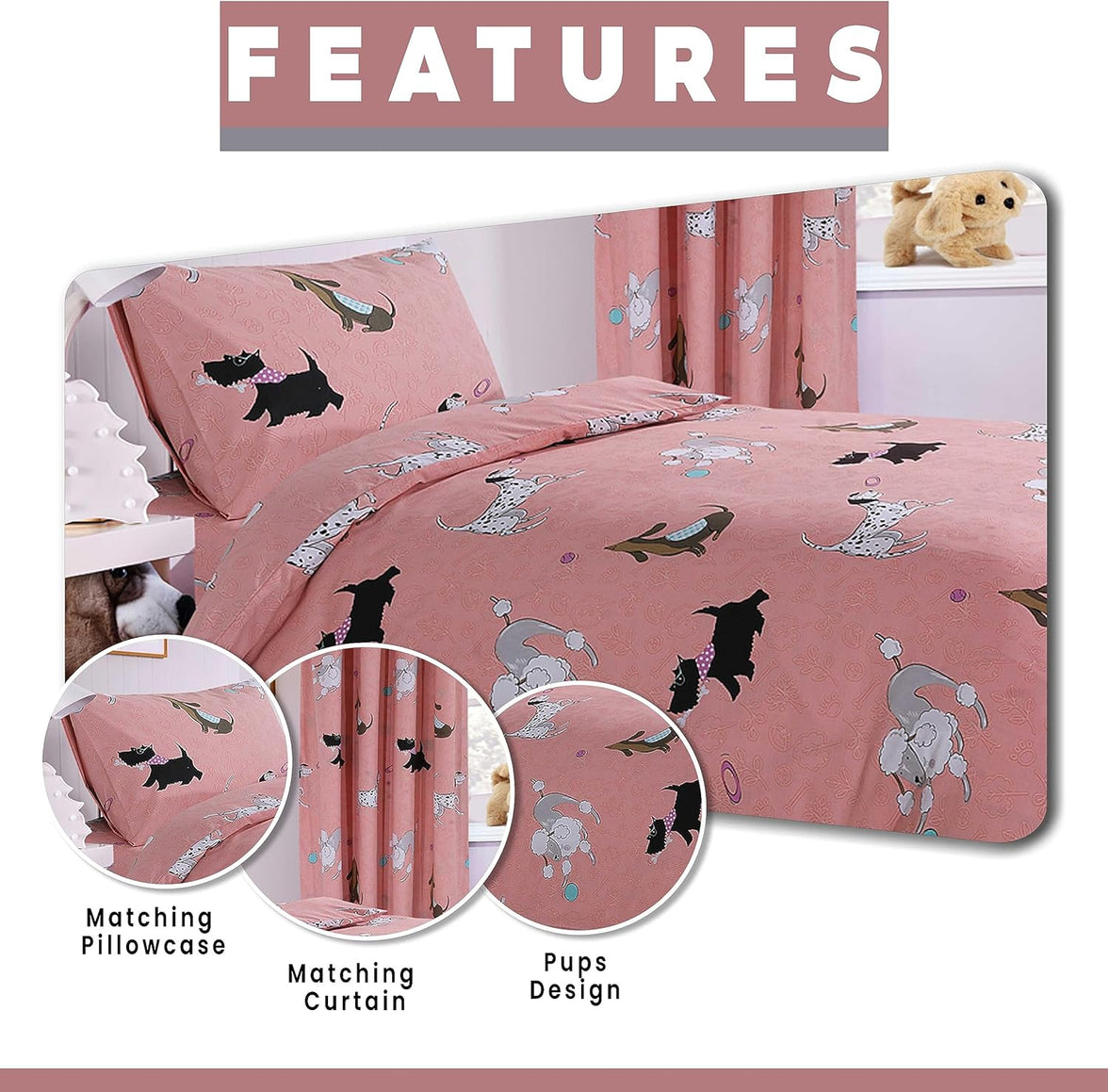 Pink Dog Print Duvet Cover Set with Matching Curtains Cosy Cotton Blend Bedding for Kids and Adults by OLIVIA ROCCO Duvet Cover