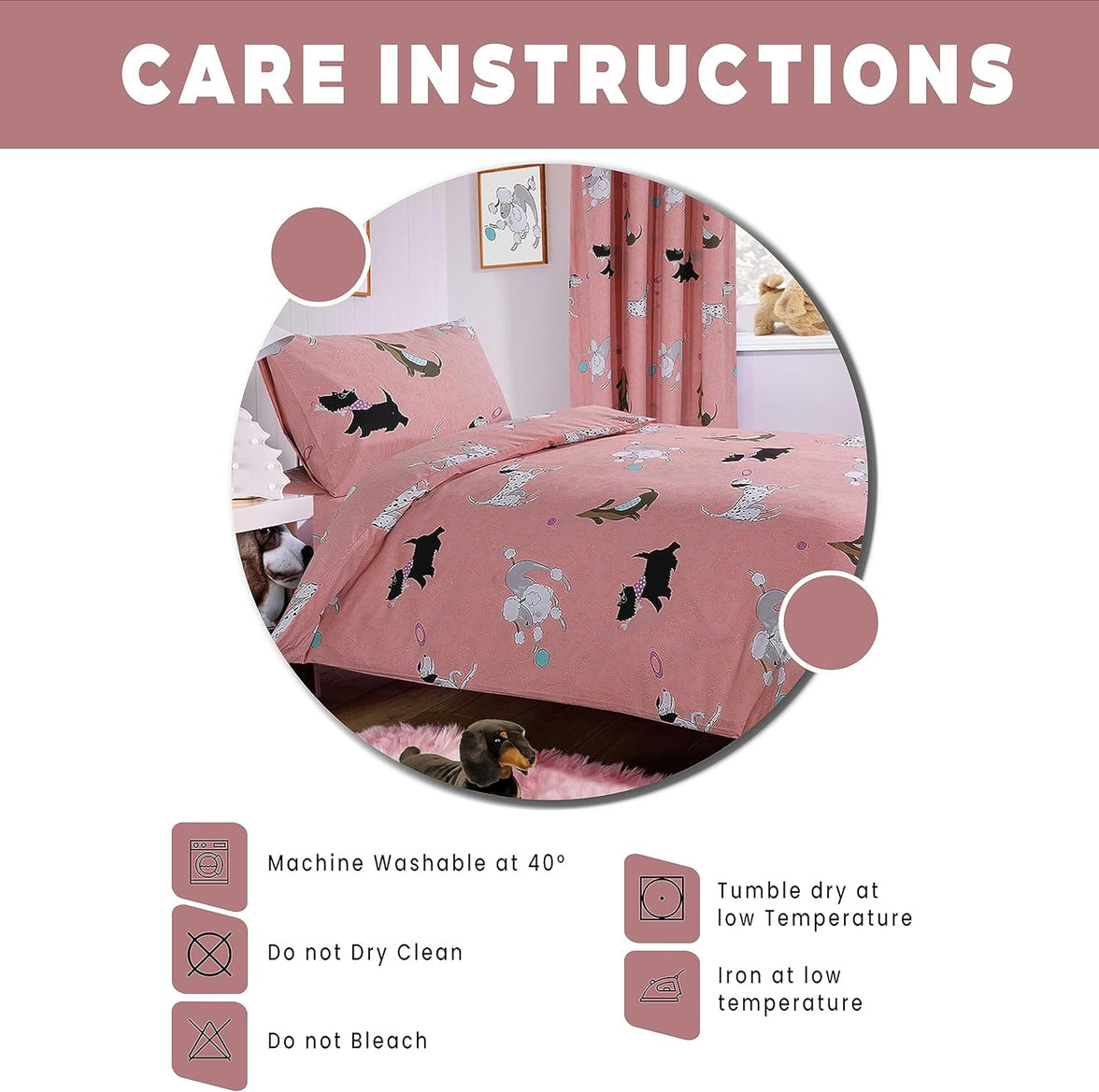 Pink Dog Print Duvet Cover Set with Matching Curtains Cosy Cotton Blend Bedding for Kids and Adults by OLIVIA ROCCO Duvet Cover