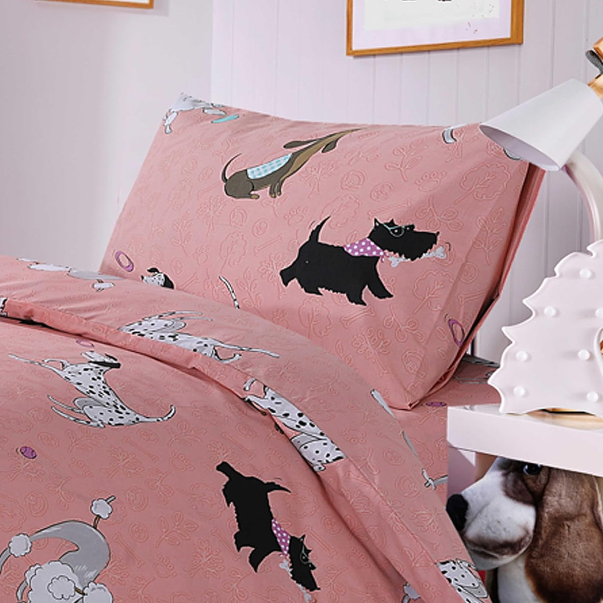 Pink Dog Print Duvet Cover Set with Matching Curtains Cosy Cotton Blend Bedding for Kids and Adults by OLIVIA ROCCO Duvet Cover