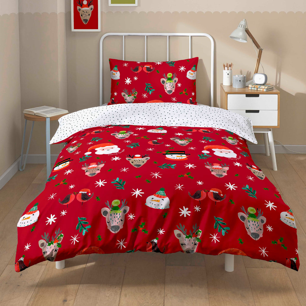 Festive Holiday Santa Duvet Cover Set with Pillowcases Reversible Xmas Design OEKO-TEX Certified Cosy Winter Bedding by OLIVIA ROCCO RED / SINGLE Duvet Cover